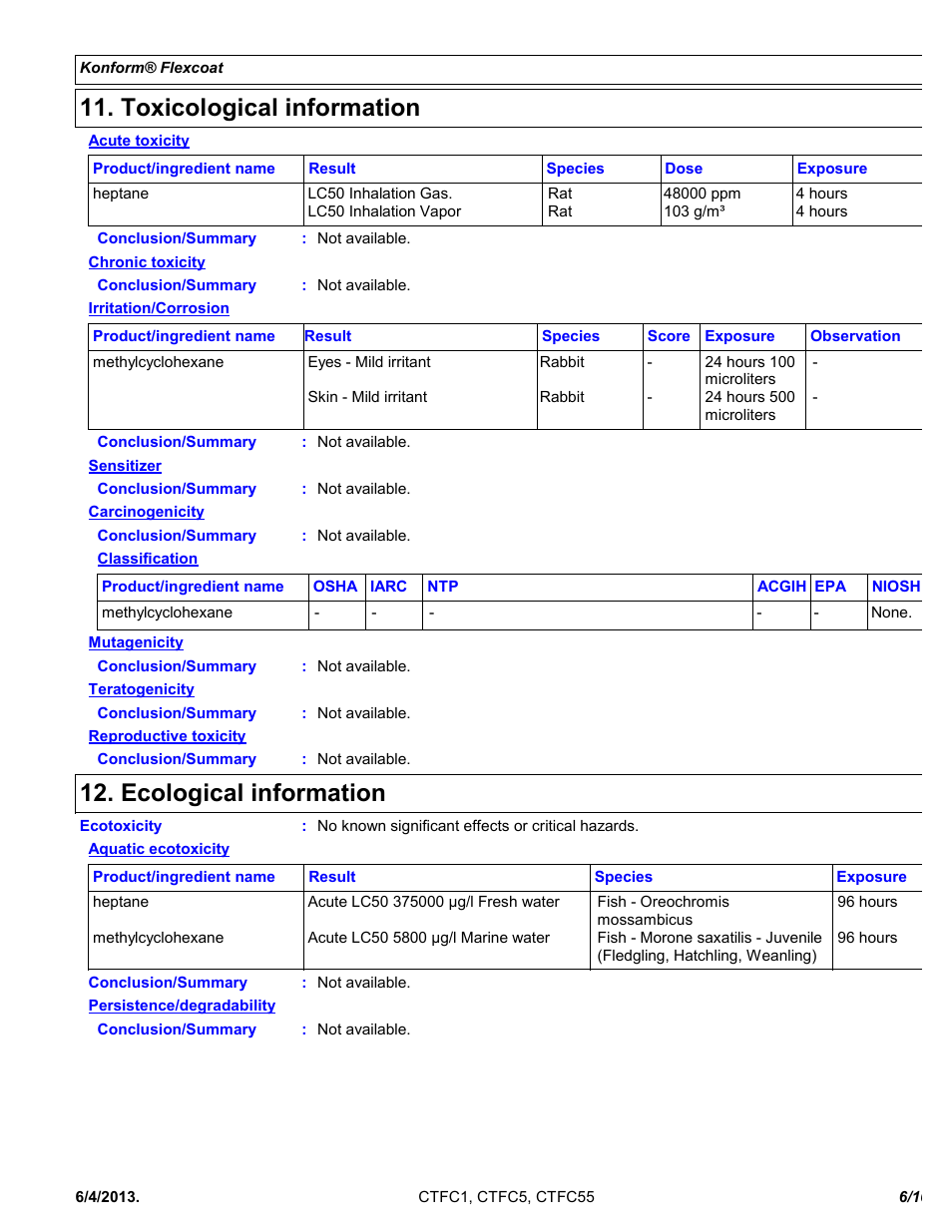 Toxicological information, Ecological information | Chemtronics Konform Flexcoat CTFC5 User Manual | Page 6 / 10