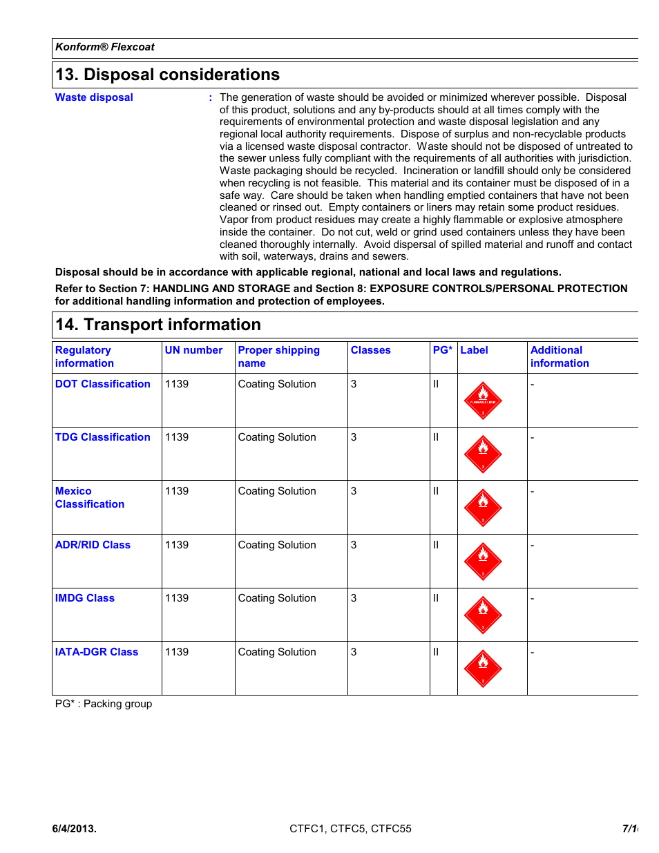 Disposal considerations, Transport information | Chemtronics Konform Flexcoat CTFC5 User Manual | Page 7 / 10