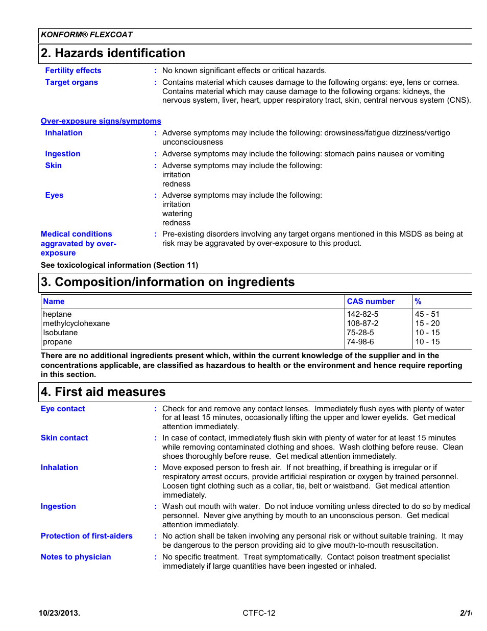 Hazards identification, Composition/information on ingredients, First aid measures | Chemtronics Konform Flexcoat CTFC-12 User Manual | Page 2 / 10