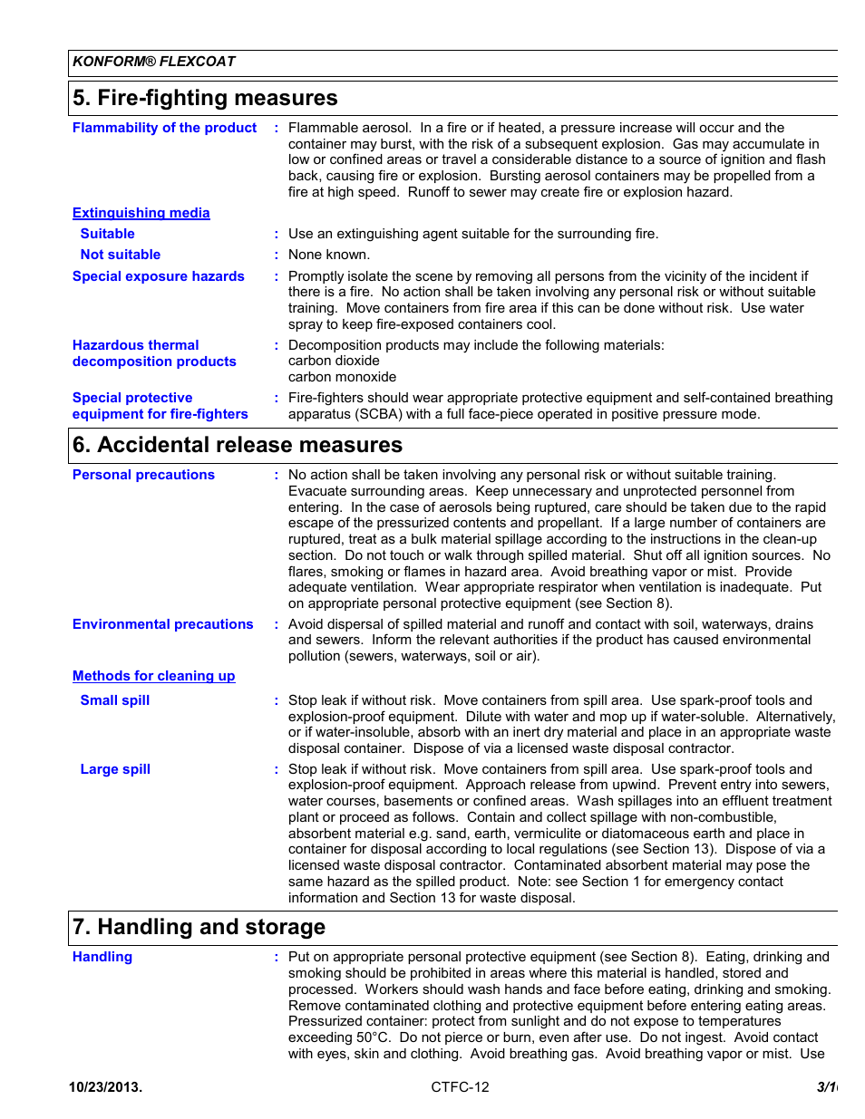 Fire-fighting measures, Accidental release measures, Handling and storage | Chemtronics Konform Flexcoat CTFC-12 User Manual | Page 3 / 10