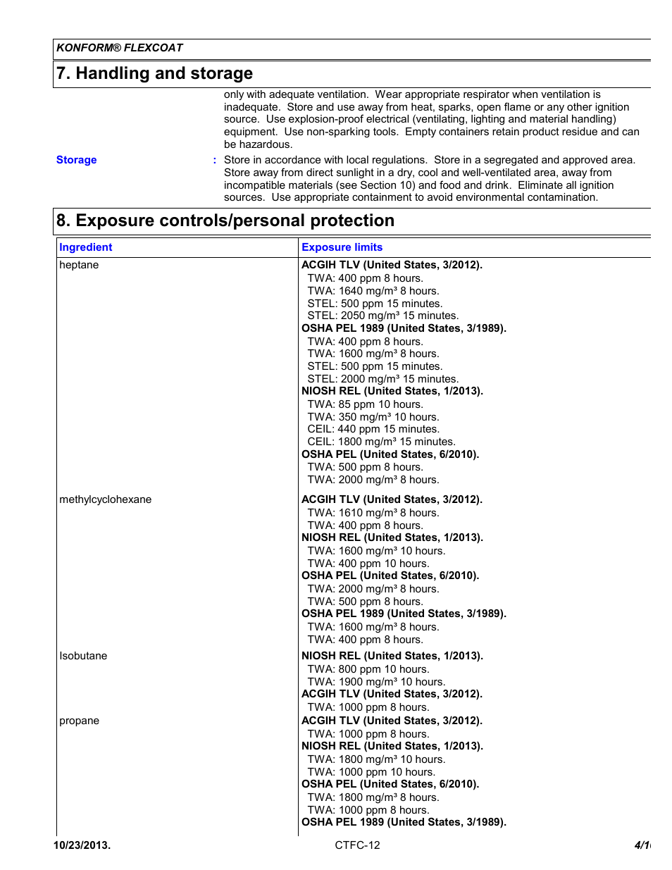 Handling and storage, Exposure controls/personal protection | Chemtronics Konform Flexcoat CTFC-12 User Manual | Page 4 / 10