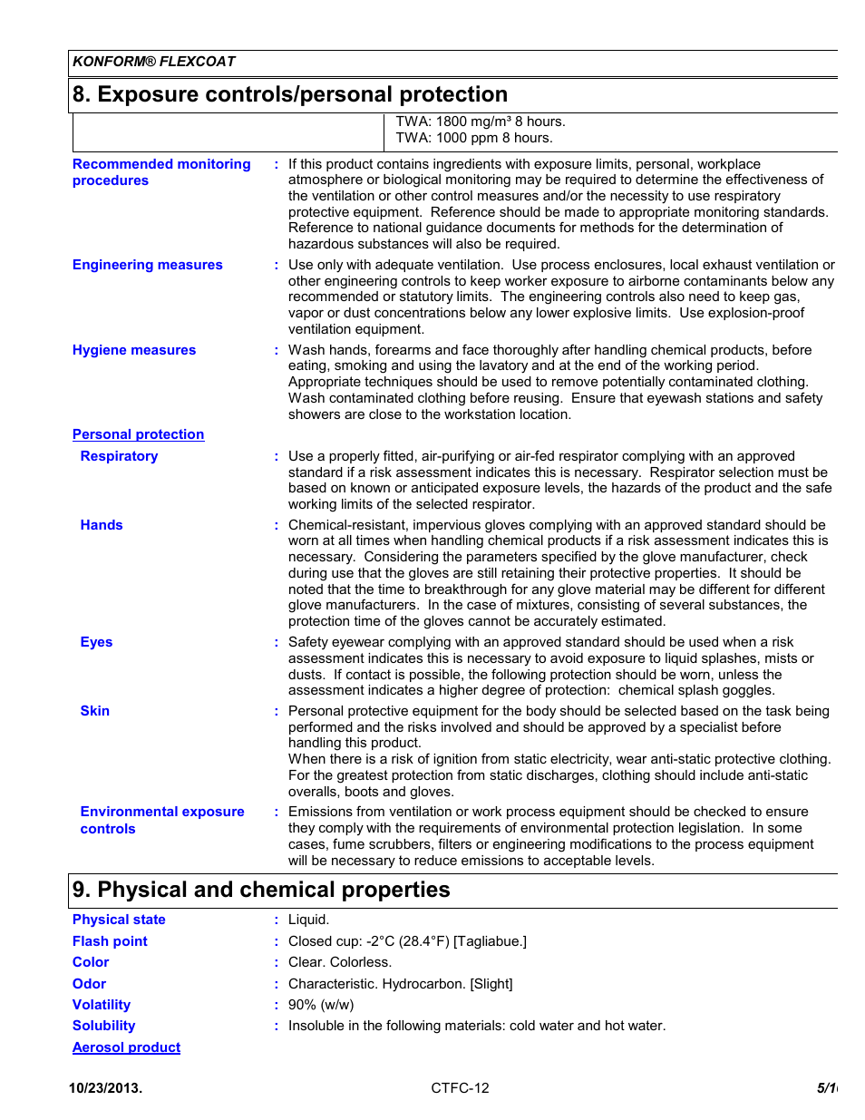 Exposure controls/personal protection, Physical and chemical properties | Chemtronics Konform Flexcoat CTFC-12 User Manual | Page 5 / 10