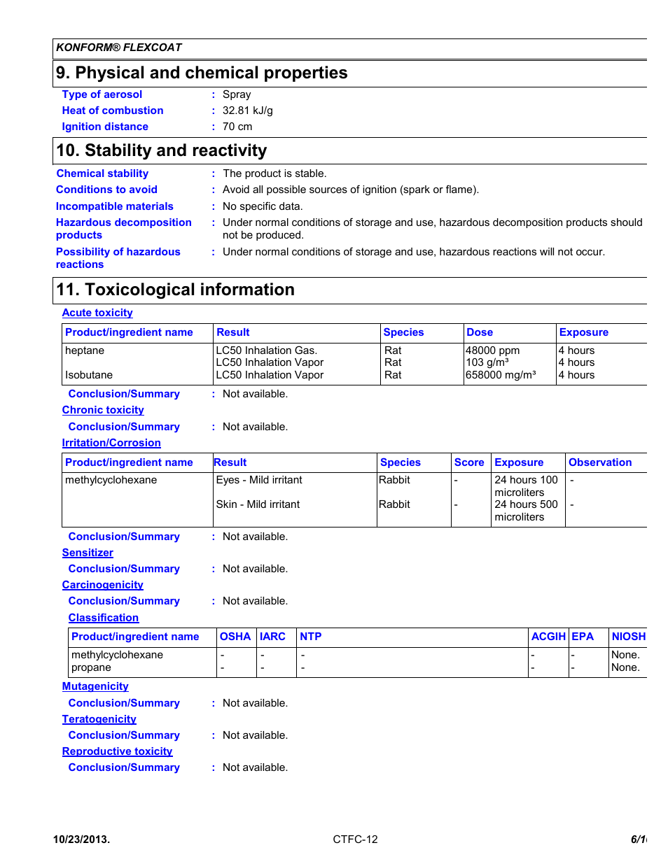 Physical and chemical properties, Stability and reactivity, Toxicological information | Chemtronics Konform Flexcoat CTFC-12 User Manual | Page 6 / 10