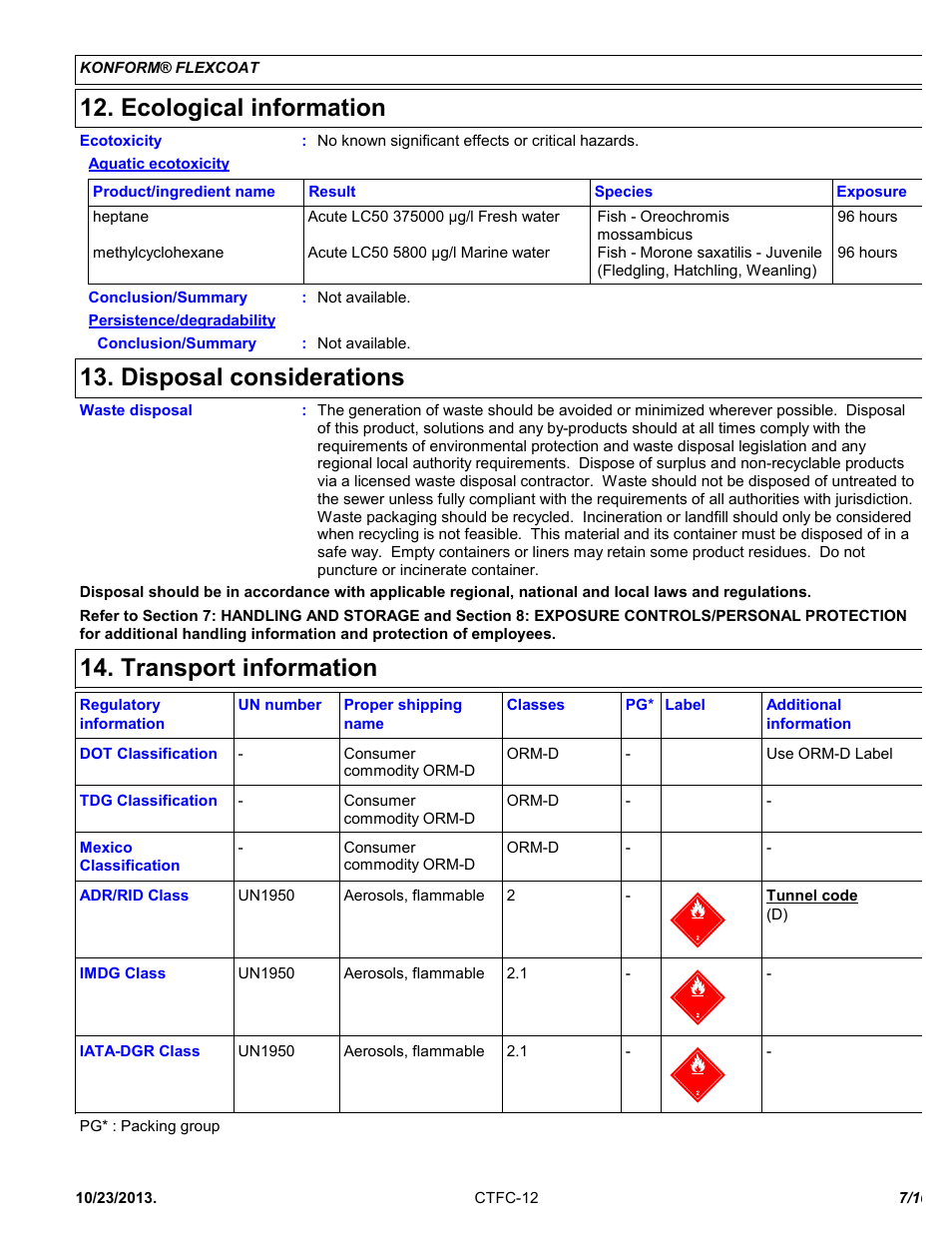 Ecological information, Disposal considerations, Transport information | Chemtronics Konform Flexcoat CTFC-12 User Manual | Page 7 / 10
