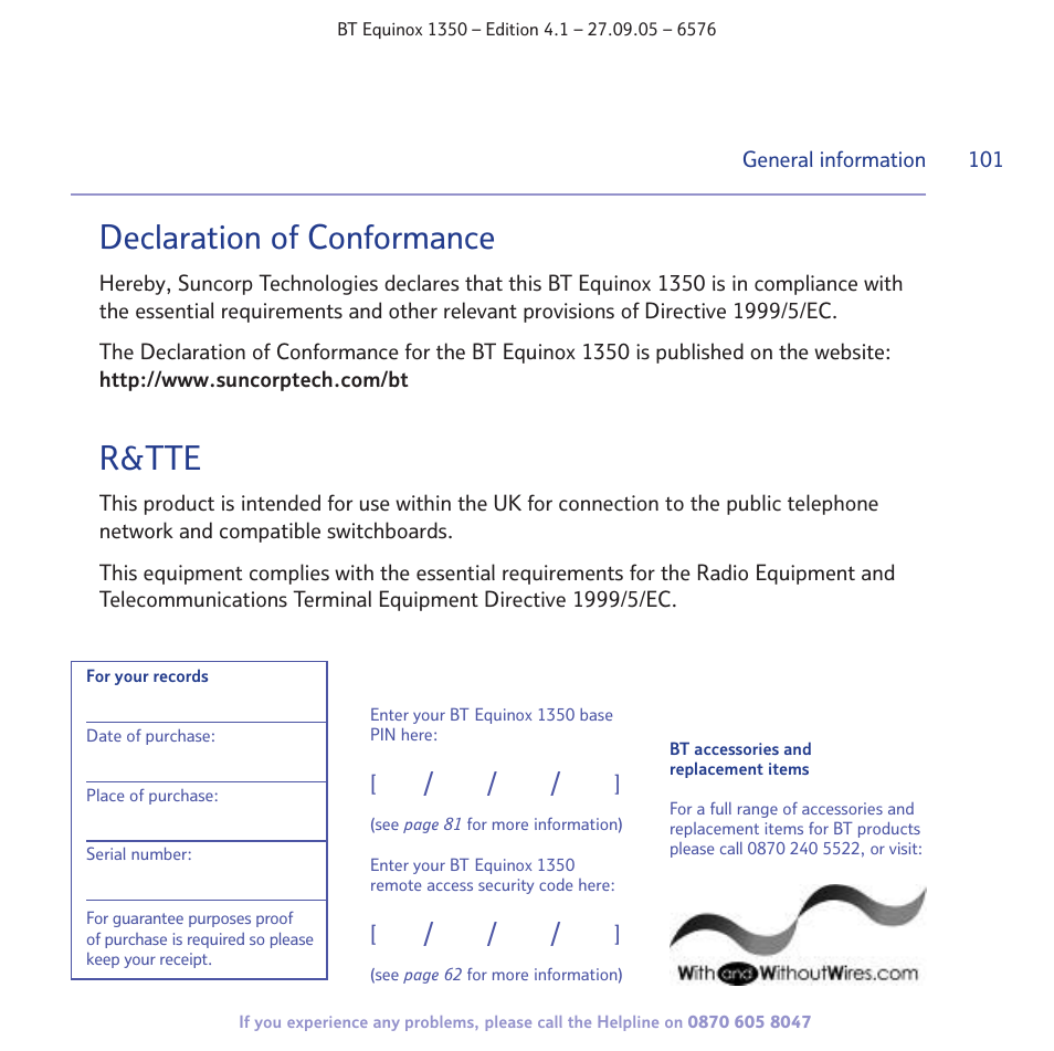 Declaration of conformance, R&tte | BT EQUINOX 1350 User Manual | Page 101 / 102