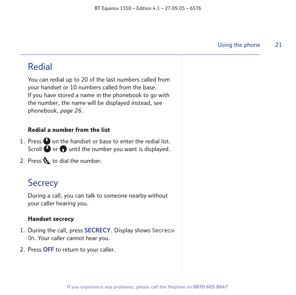 Redial, Secrecy | BT EQUINOX 1350 User Manual | Page 21 / 102