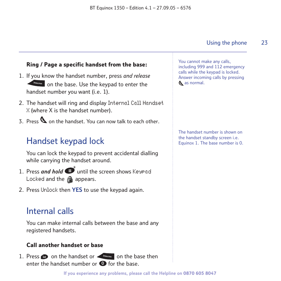 Handset keypad lock, Internal calls | BT EQUINOX 1350 User Manual | Page 23 / 102