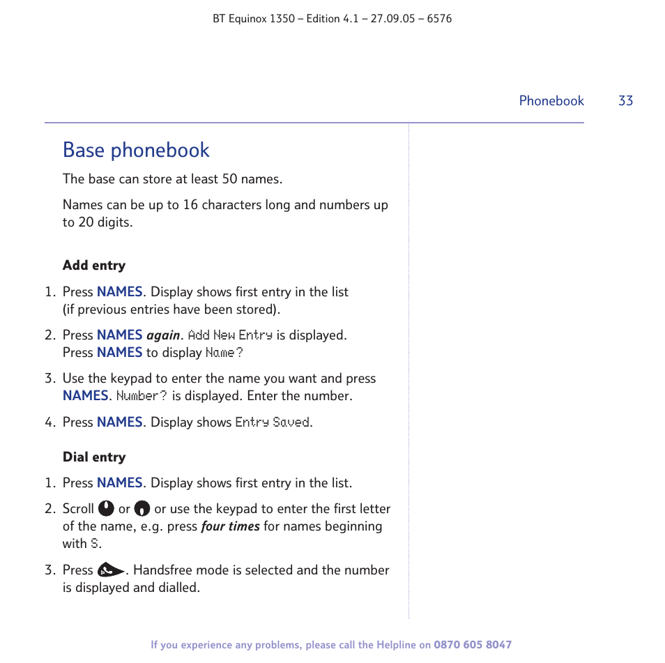 Base phonebook | BT EQUINOX 1350 User Manual | Page 33 / 102