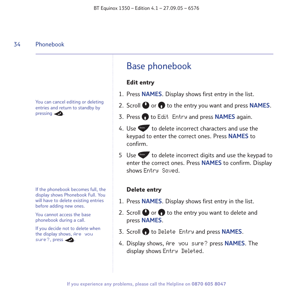 Base phonebook | BT EQUINOX 1350 User Manual | Page 34 / 102