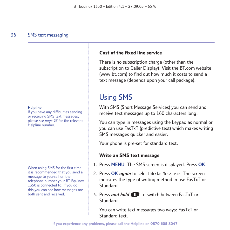 Using sms | BT EQUINOX 1350 User Manual | Page 36 / 102