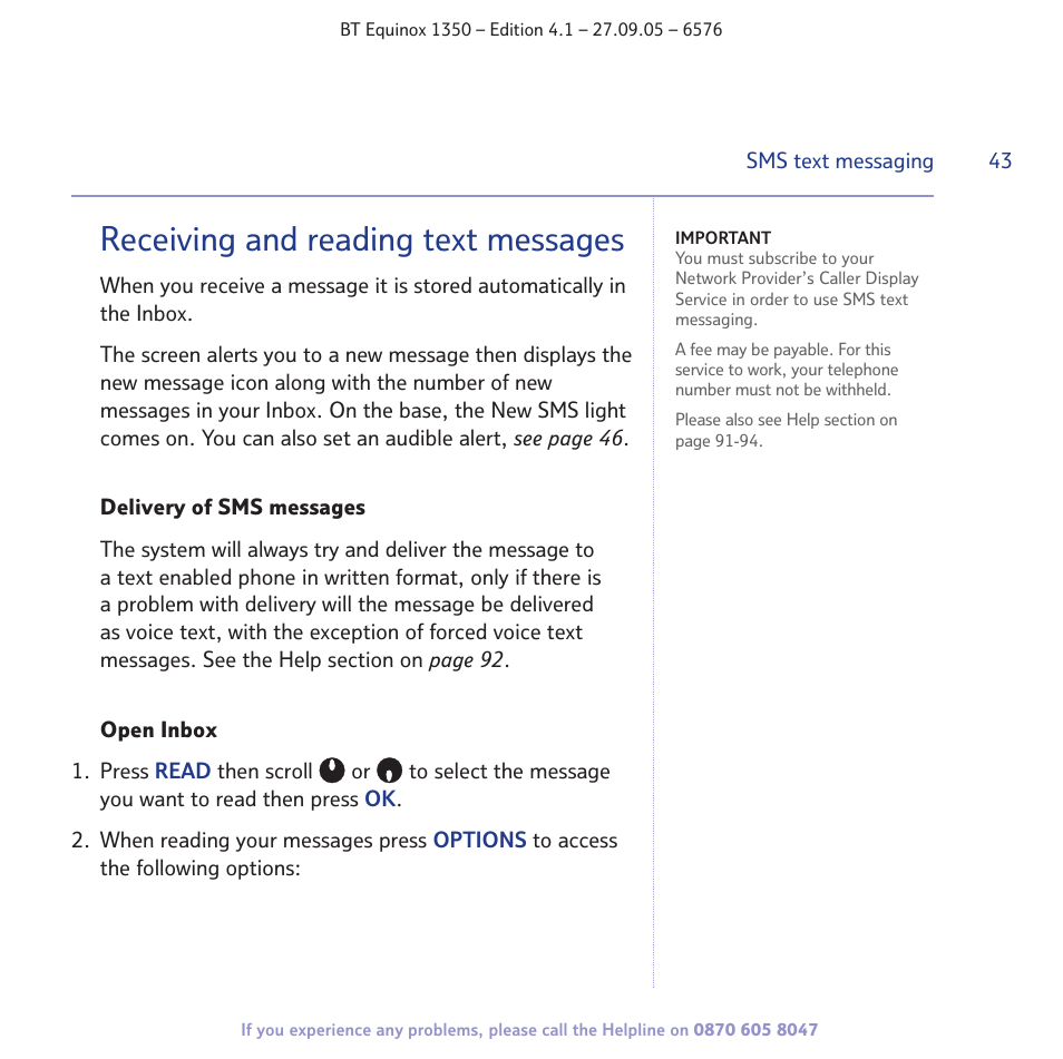 Receiving and reading text messages | BT EQUINOX 1350 User Manual | Page 43 / 102