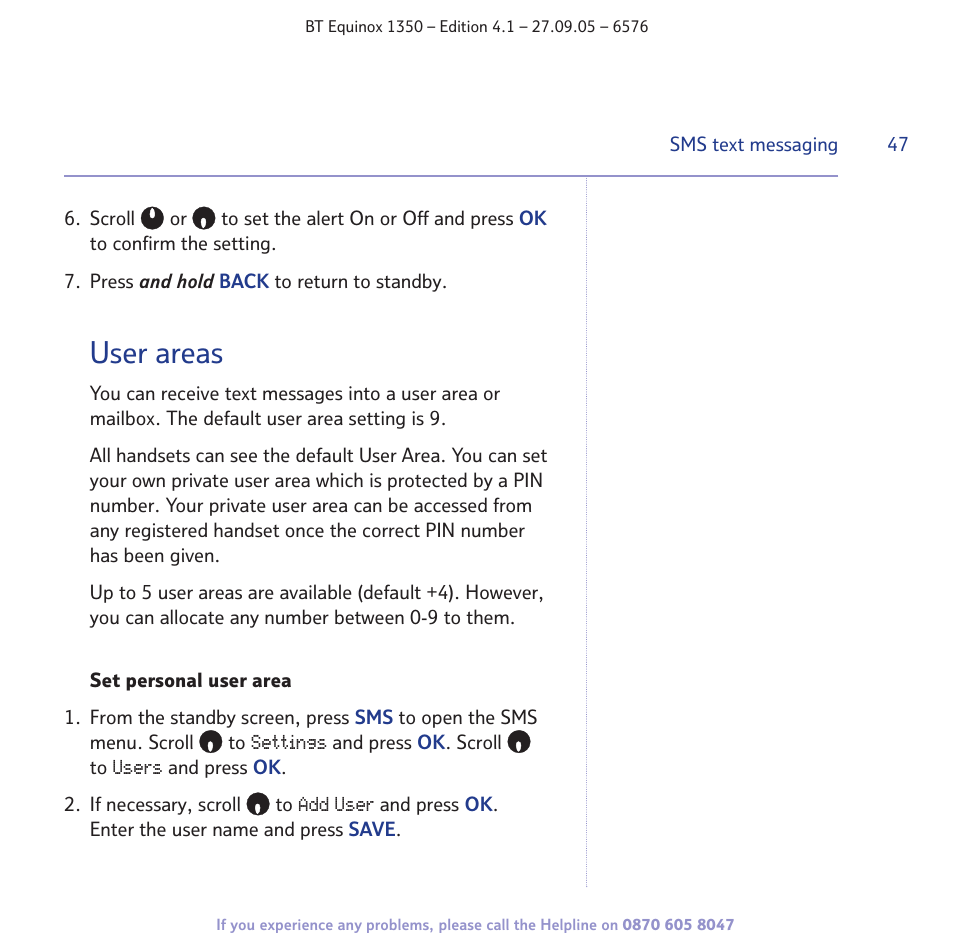 User areas | BT EQUINOX 1350 User Manual | Page 47 / 102