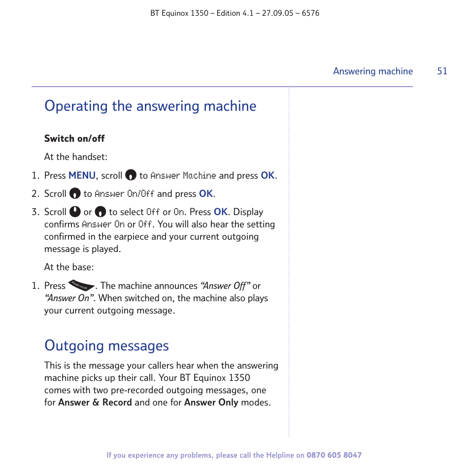 Operating the answering machine, Outgoing messages | BT EQUINOX 1350 User Manual | Page 51 / 102