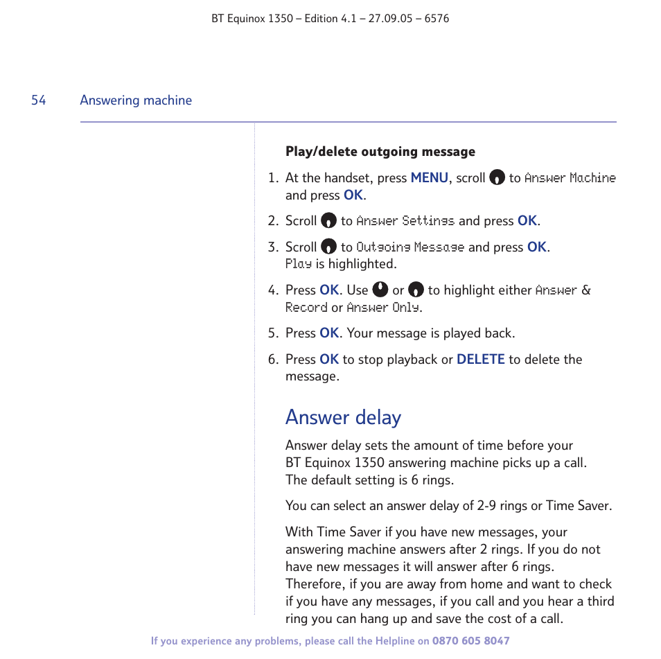 Answer delay | BT EQUINOX 1350 User Manual | Page 54 / 102