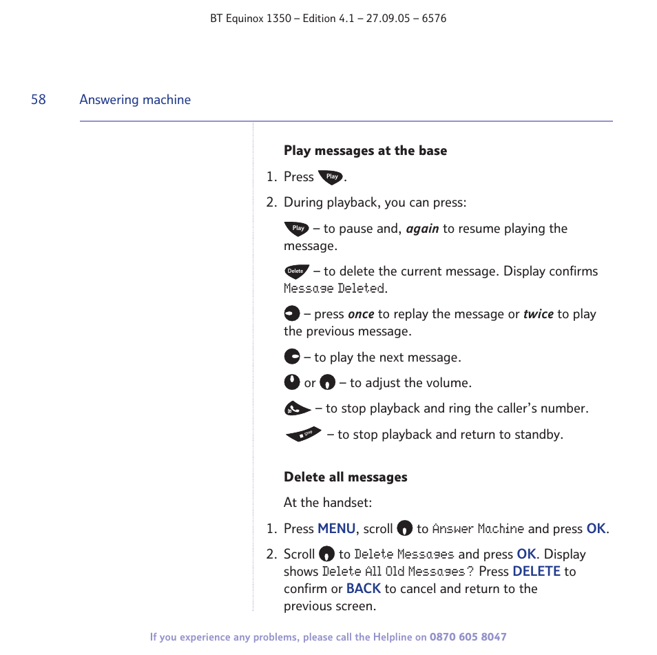 Message deleted, Answer machine, Delete messages | Delete all old messages | BT EQUINOX 1350 User Manual | Page 58 / 102