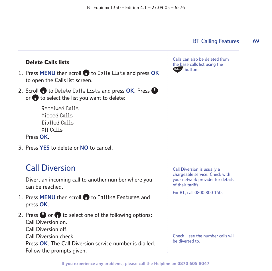 Call diversion | BT EQUINOX 1350 User Manual | Page 69 / 102