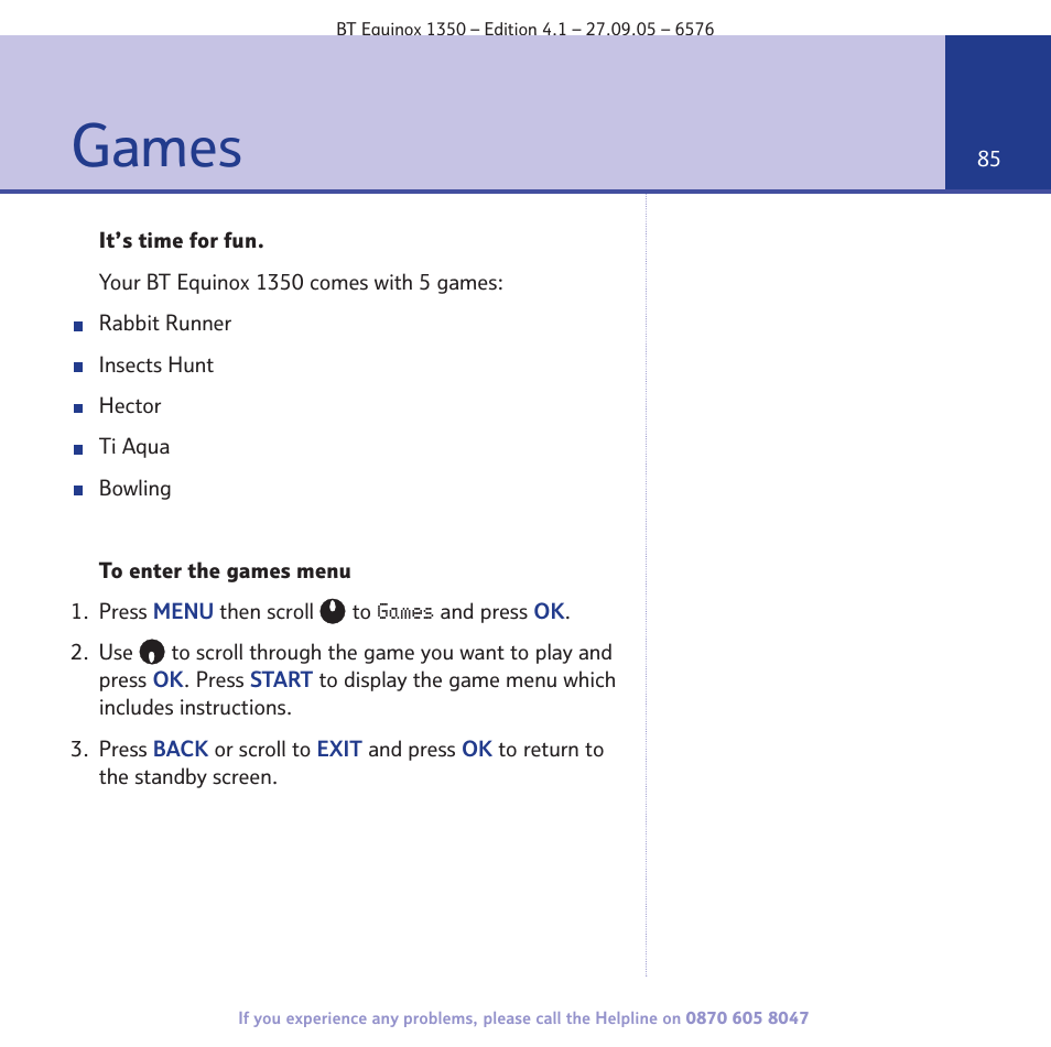 Games | BT EQUINOX 1350 User Manual | Page 85 / 102