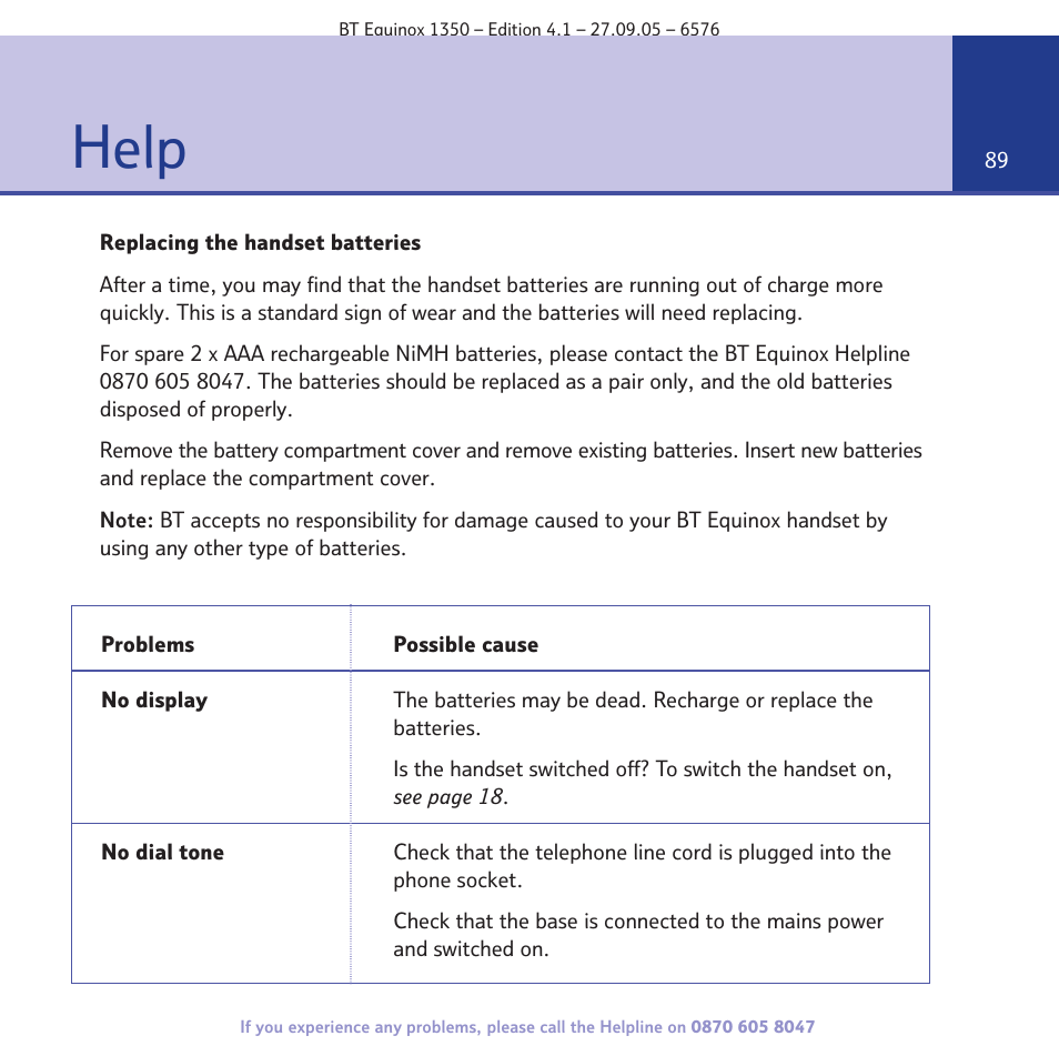 Help | BT EQUINOX 1350 User Manual | Page 89 / 102
