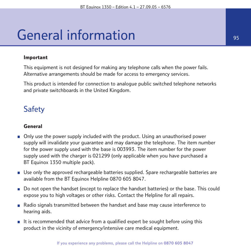 General information, Safety | BT EQUINOX 1350 User Manual | Page 95 / 102