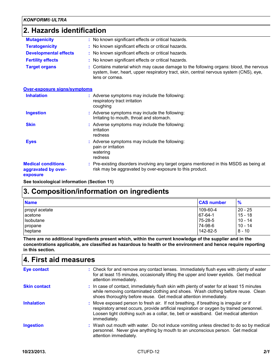 Hazards identification, Composition/information on ingredients, First aid measures | Chemtronics Konform Ultra CTUFD-12 User Manual | Page 2 / 11