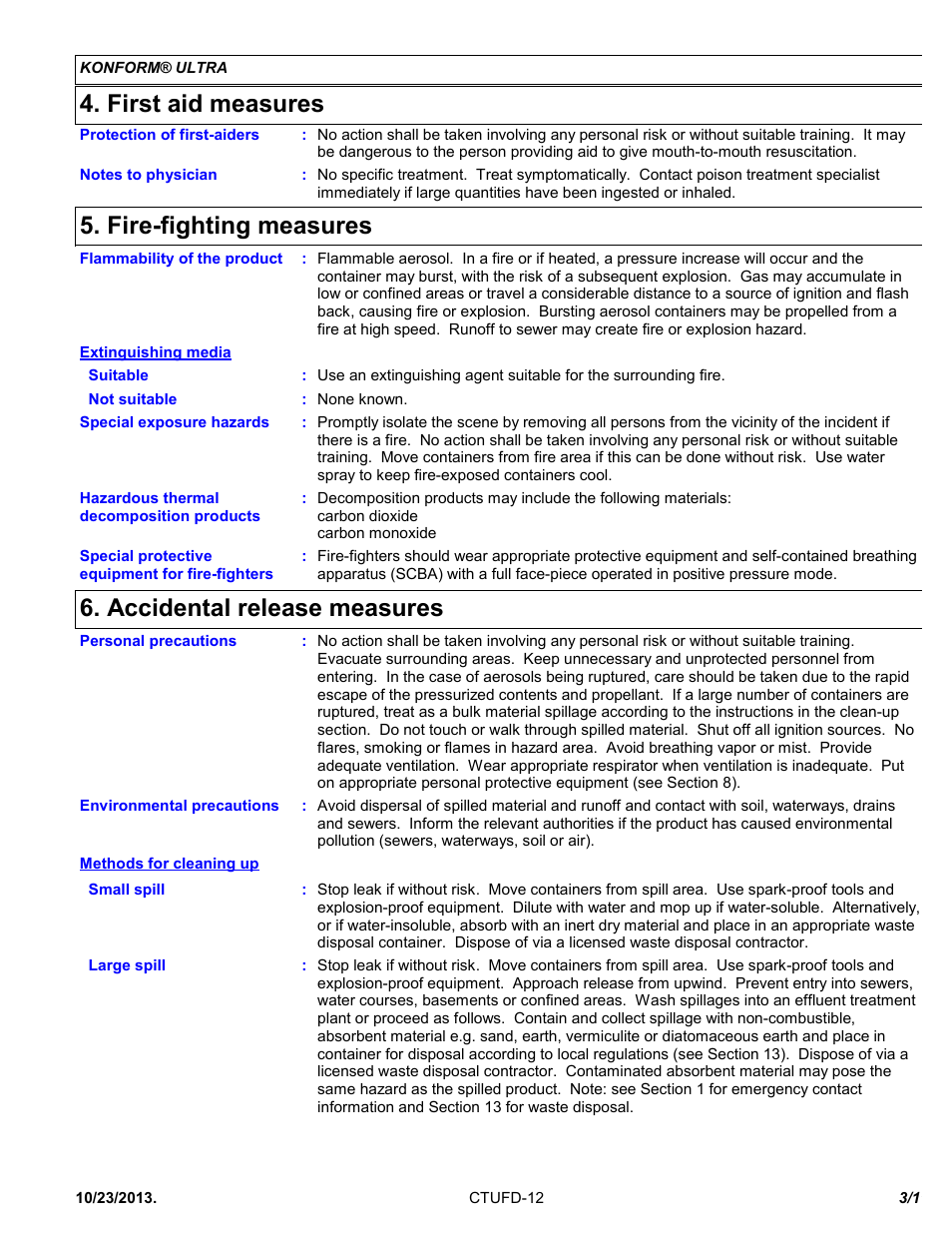 First aid measures, Fire-fighting measures, Accidental release measures | Chemtronics Konform Ultra CTUFD-12 User Manual | Page 3 / 11