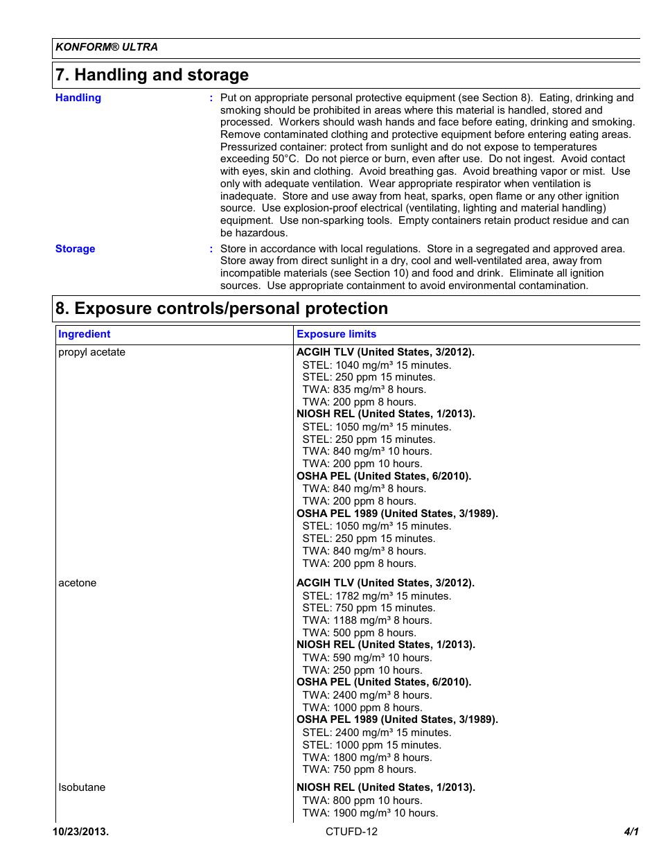 Handling and storage, Exposure controls/personal protection | Chemtronics Konform Ultra CTUFD-12 User Manual | Page 4 / 11