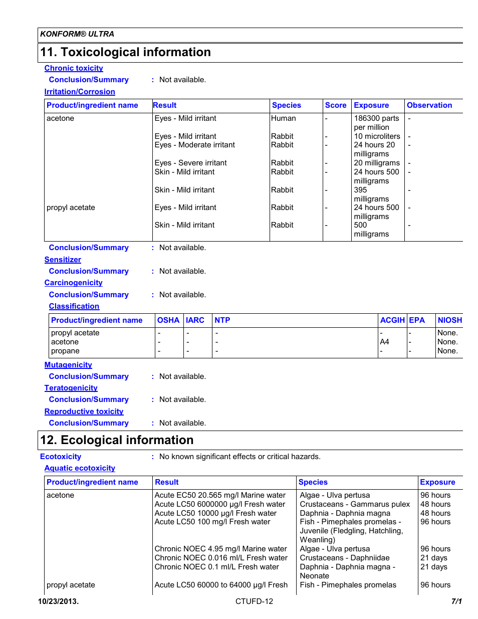 Toxicological information, Ecological information | Chemtronics Konform Ultra CTUFD-12 User Manual | Page 7 / 11
