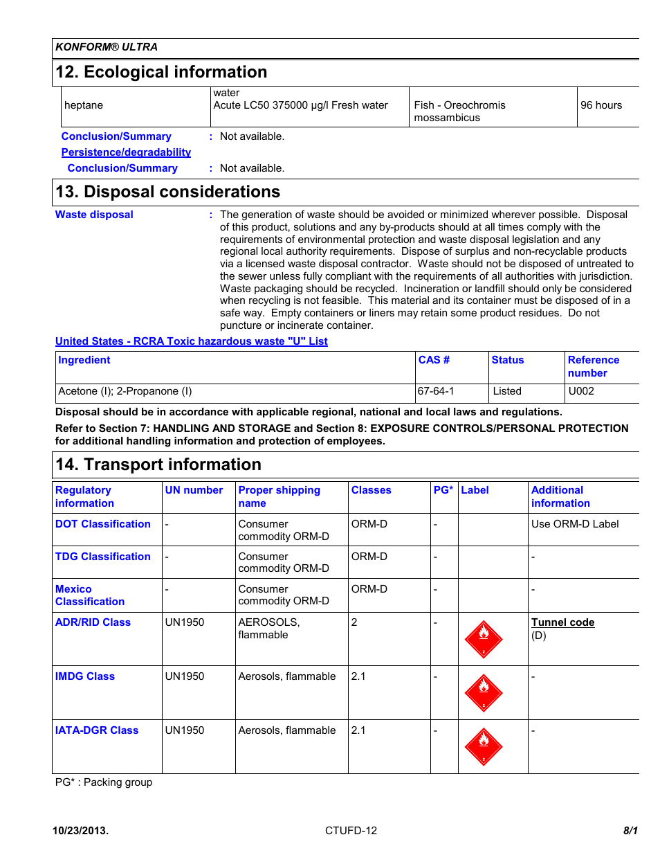 Ecological information, Disposal considerations, Transport information | Chemtronics Konform Ultra CTUFD-12 User Manual | Page 8 / 11
