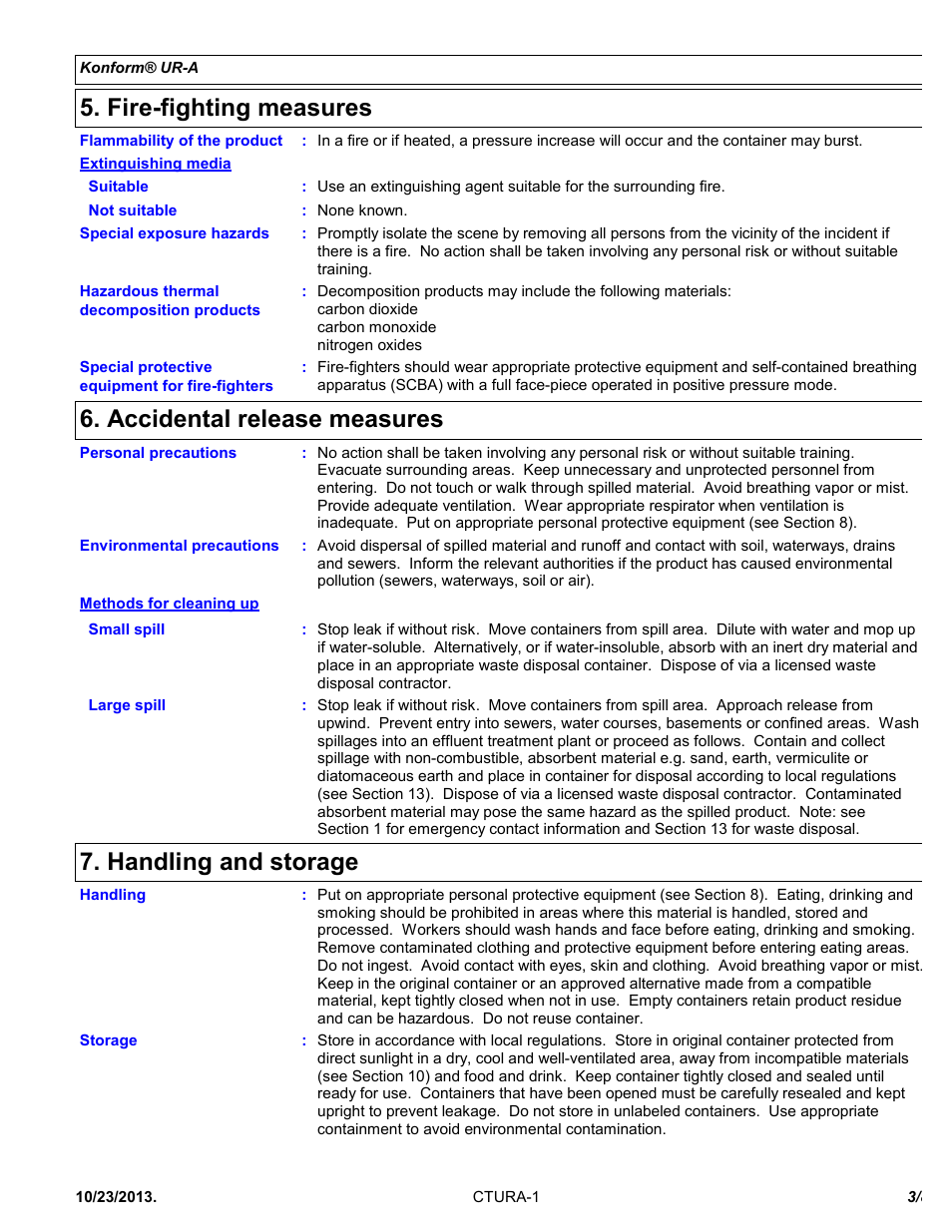 Fire-fighting measures, Accidental release measures, Handling and storage | Chemtronics Konform UR-A CTURA5 User Manual | Page 3 / 8