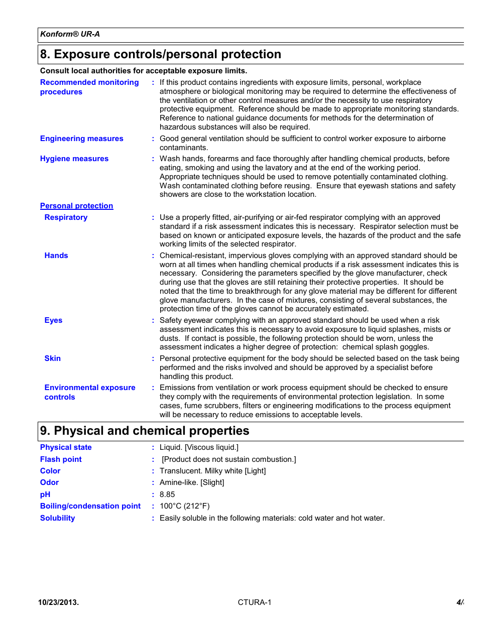 Exposure controls/personal protection, Physical and chemical properties | Chemtronics Konform UR-A CTURA5 User Manual | Page 4 / 8