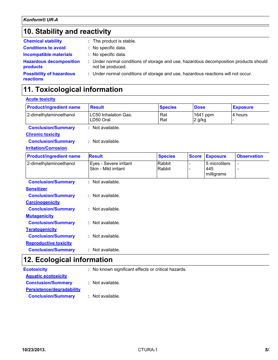 Stability and reactivity, Toxicological information, Ecological information | Chemtronics Konform UR-A CTURA5 User Manual | Page 5 / 8