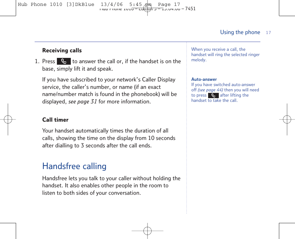 Handsfree calling | BT Hub Phone 1010 User Manual | Page 17 / 74