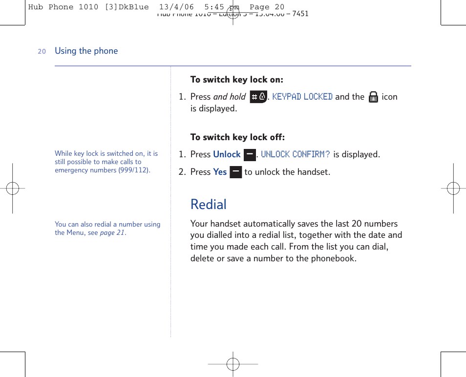 Redial | BT Hub Phone 1010 User Manual | Page 20 / 74