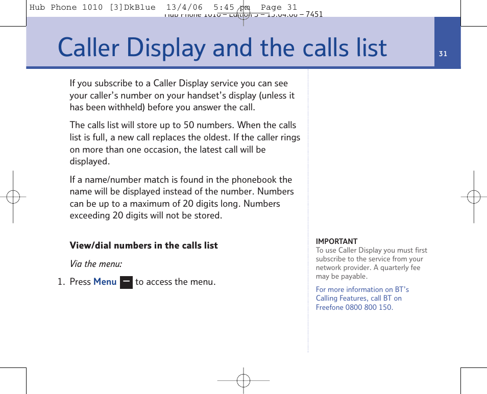 Caller display and the calls list | BT Hub Phone 1010 User Manual | Page 31 / 74