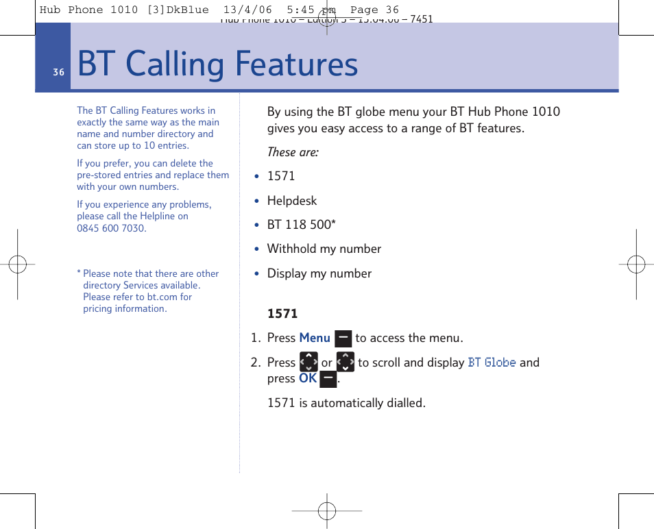 Bt calling features | BT Hub Phone 1010 User Manual | Page 36 / 74