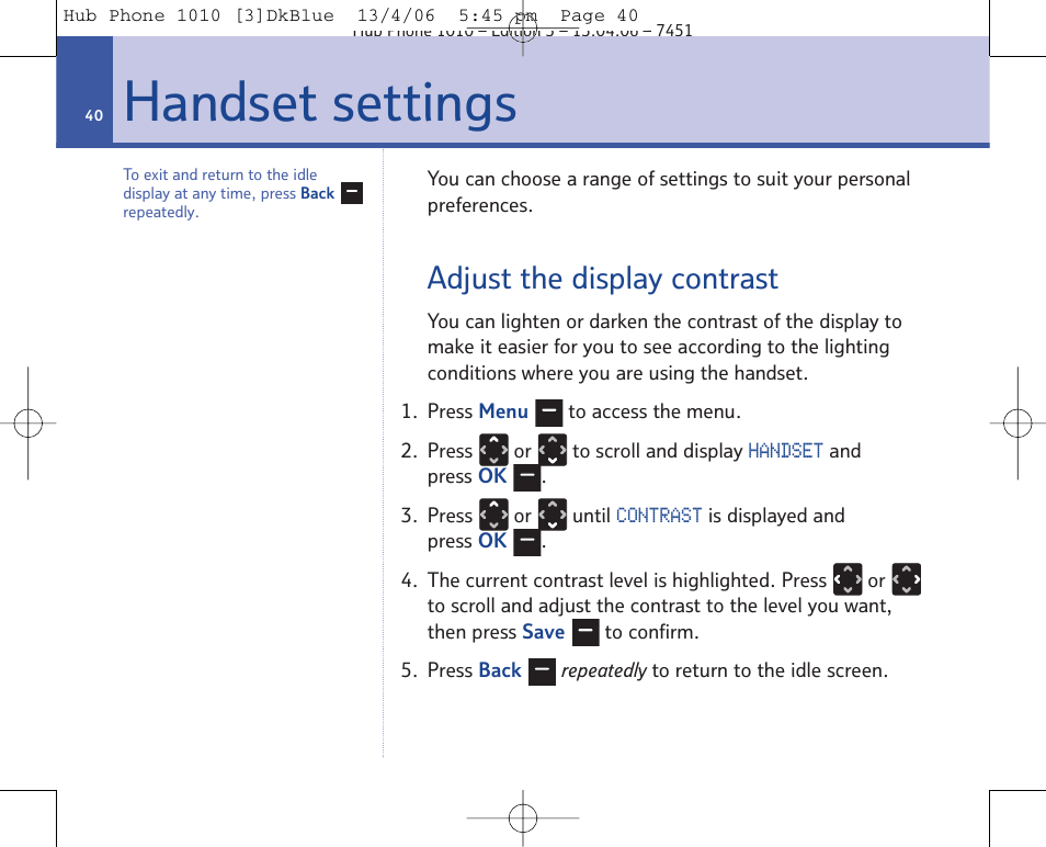 Handset settings, Adjust the display contrast | BT Hub Phone 1010 User Manual | Page 40 / 74