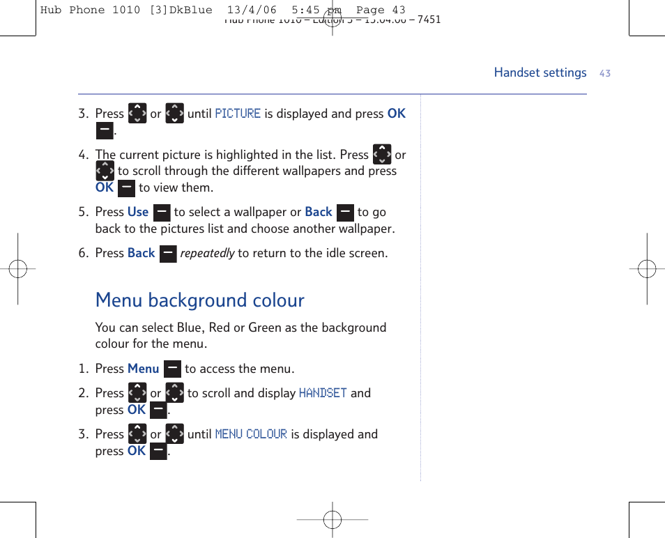 Menu background colour | BT Hub Phone 1010 User Manual | Page 43 / 74