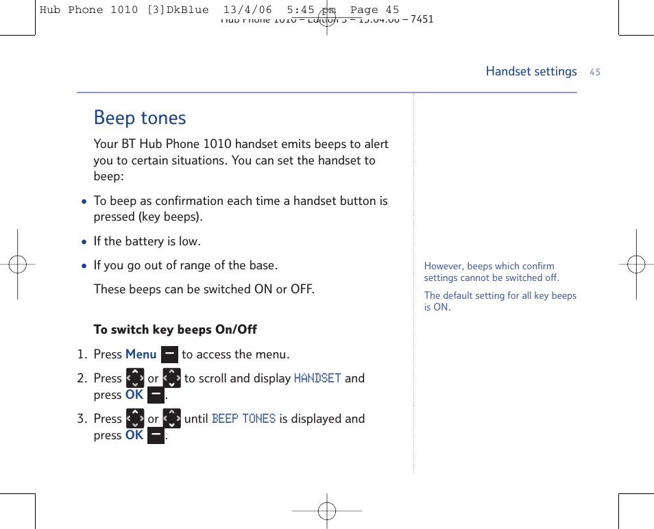 Beep tones | BT Hub Phone 1010 User Manual | Page 45 / 74