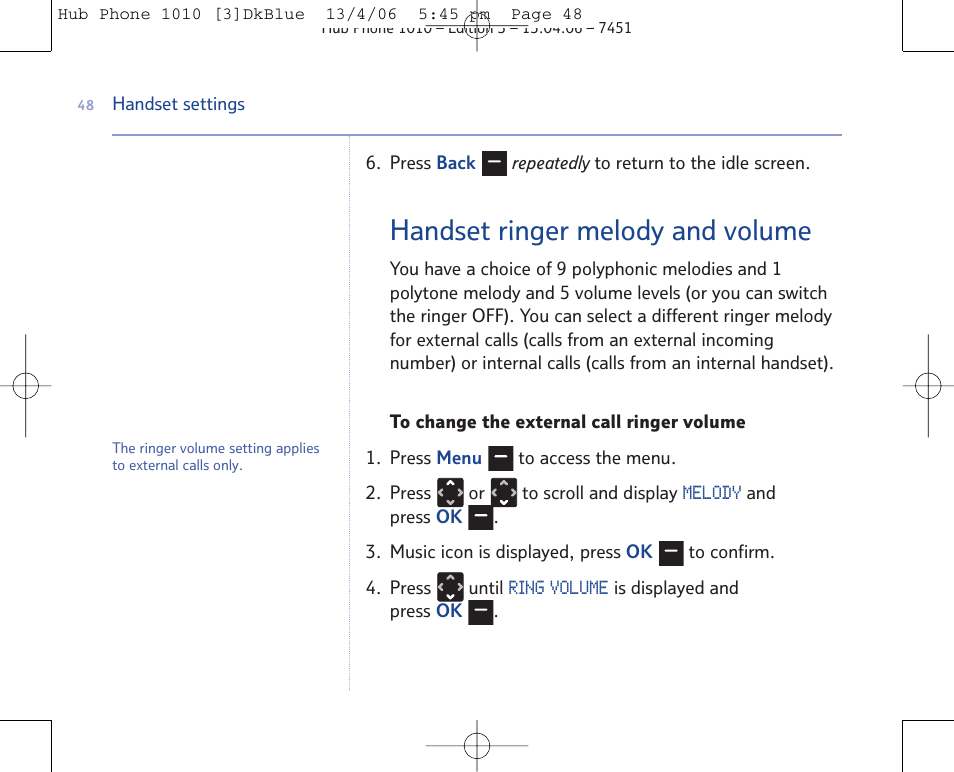 Handset ringer melody and volume | BT Hub Phone 1010 User Manual | Page 48 / 74