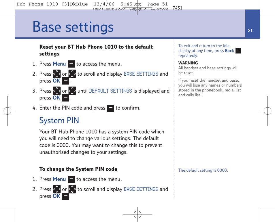 Base settings, System pin | BT Hub Phone 1010 User Manual | Page 51 / 74