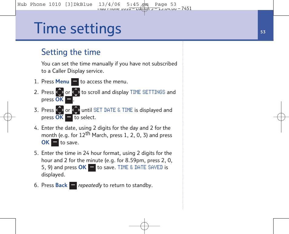 Time settings, Setting the time | BT Hub Phone 1010 User Manual | Page 53 / 74