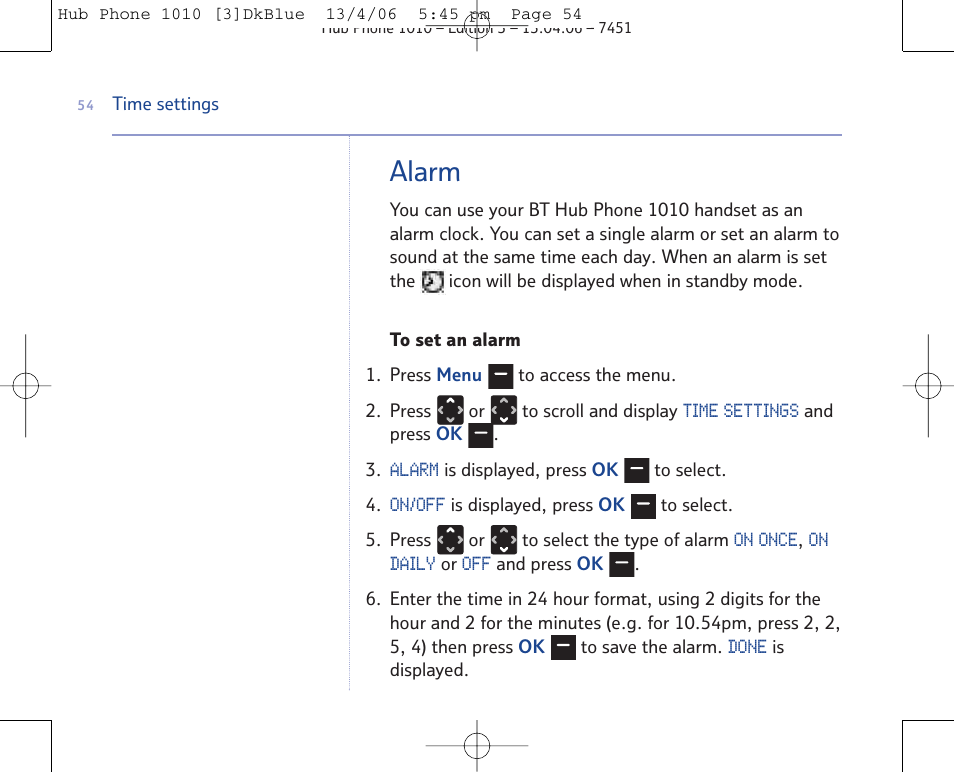 Alarm | BT Hub Phone 1010 User Manual | Page 54 / 74