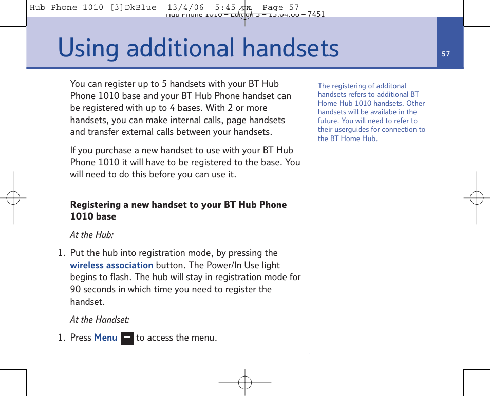Using additional handsets | BT Hub Phone 1010 User Manual | Page 57 / 74