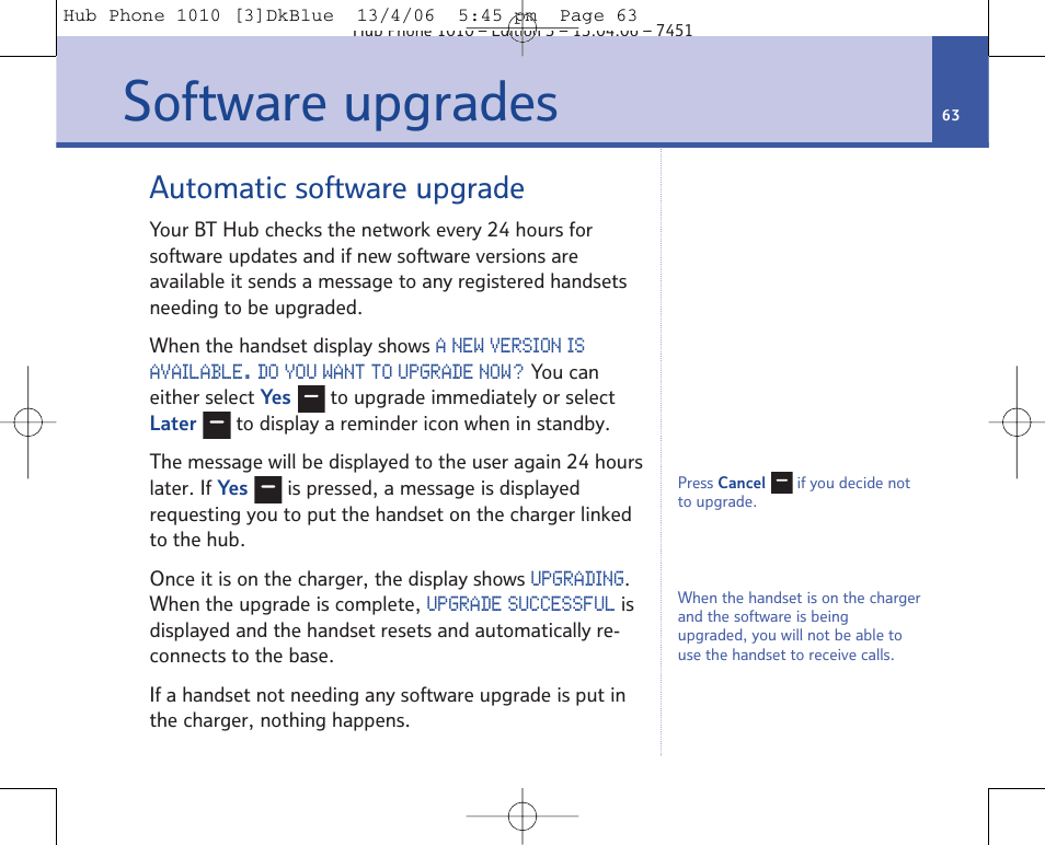 Software upgrades, Automatic software upgrade | BT Hub Phone 1010 User Manual | Page 63 / 74