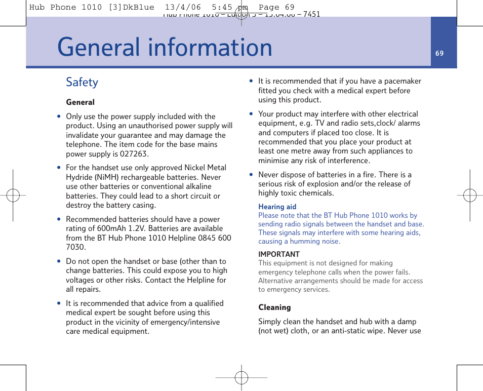 General information, Safety | BT Hub Phone 1010 User Manual | Page 69 / 74