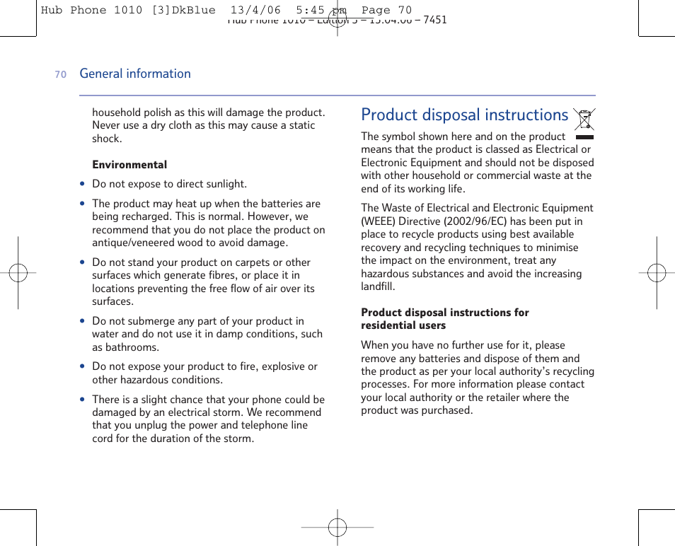 Product disposal instructions | BT Hub Phone 1010 User Manual | Page 70 / 74