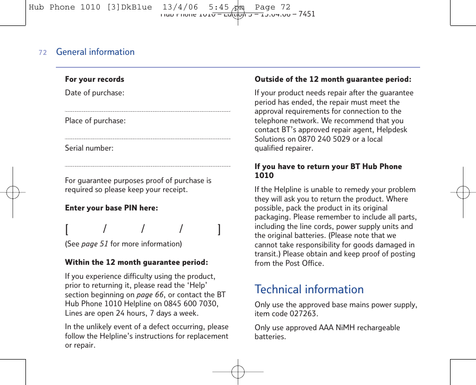 Technical information | BT Hub Phone 1010 User Manual | Page 72 / 74
