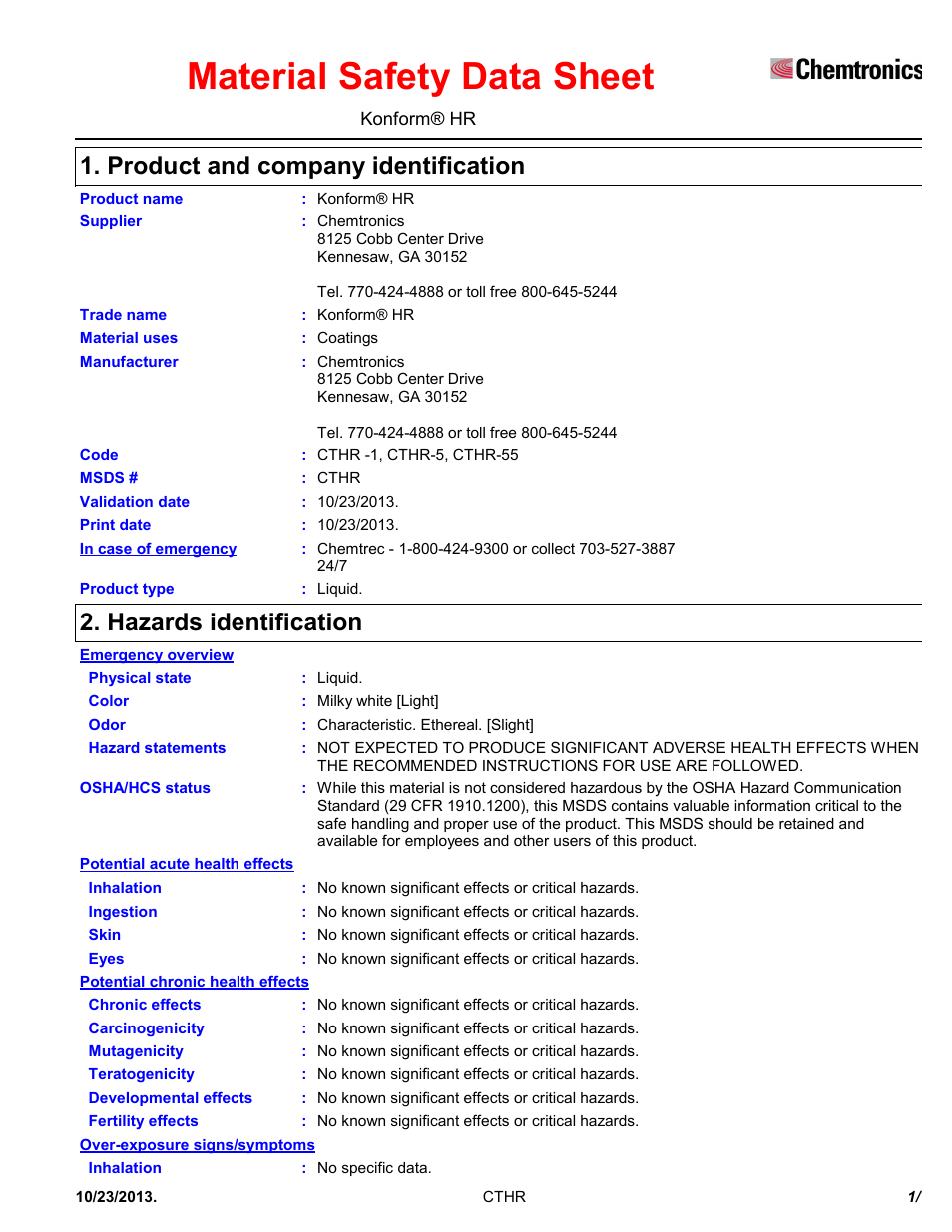 Chemtronics Konform HR CTHR5 User Manual | 7 pages