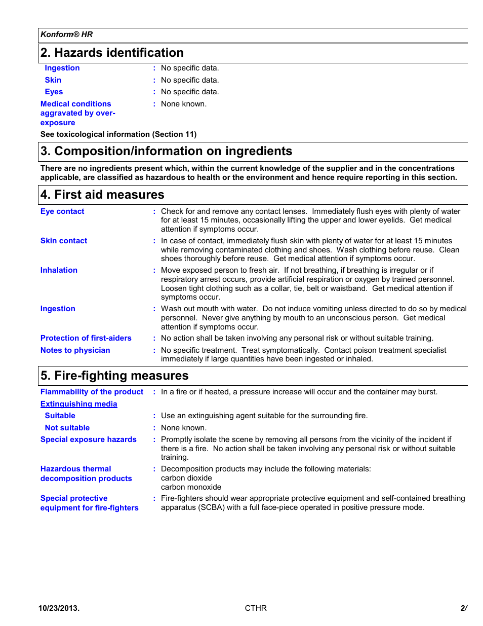 Hazards identification, Composition/information on ingredients, First aid measures | Fire-fighting measures | Chemtronics Konform HR CTHR5 User Manual | Page 2 / 7