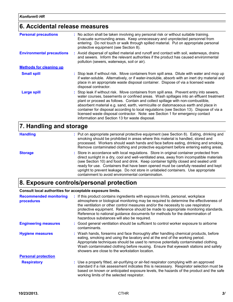 Accidental release measures, Handling and storage, Exposure controls/personal protection | Chemtronics Konform HR CTHR5 User Manual | Page 3 / 7